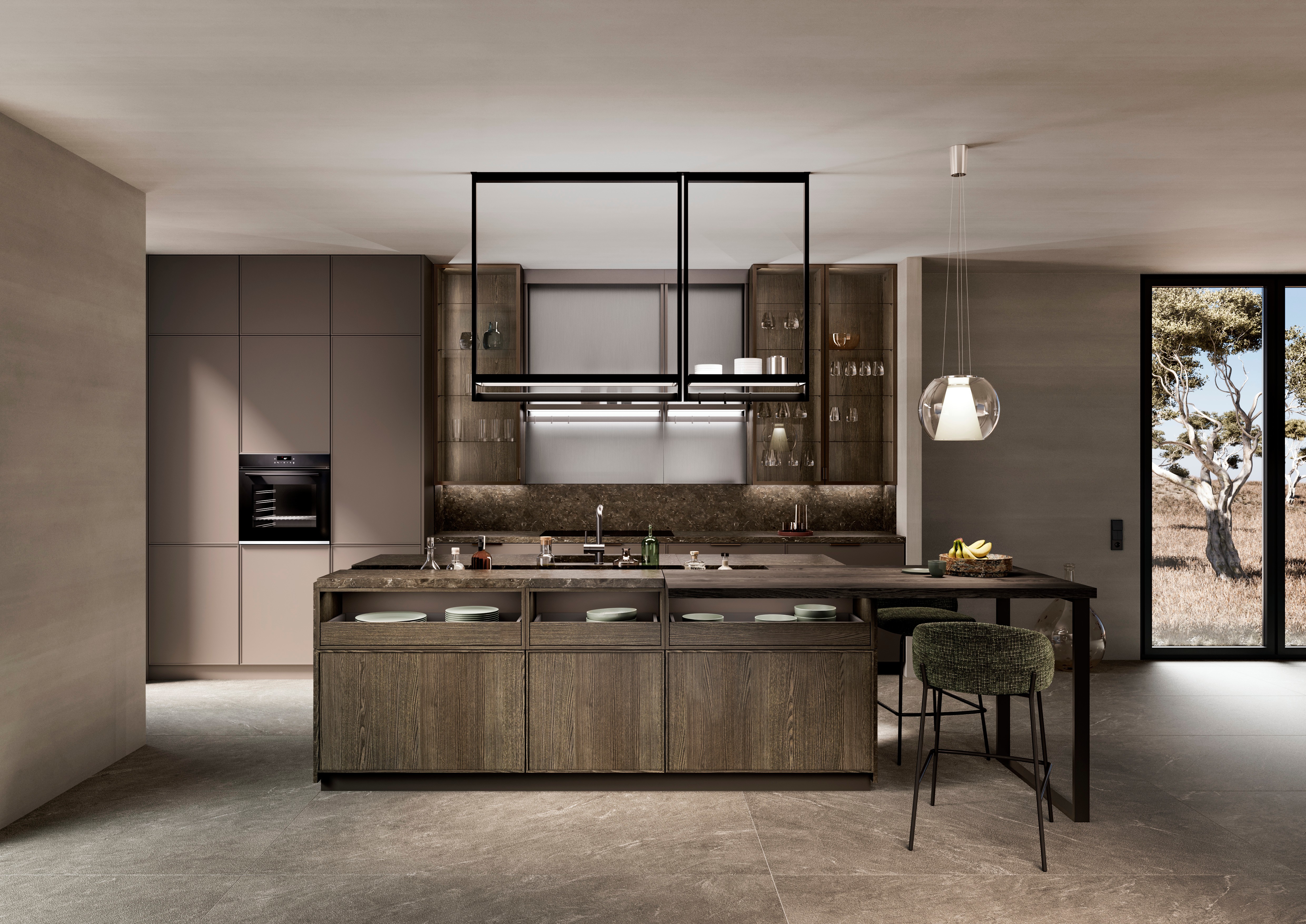 Fotobild von einer dunklen Holzküche, grifflos mit Kücheninsel