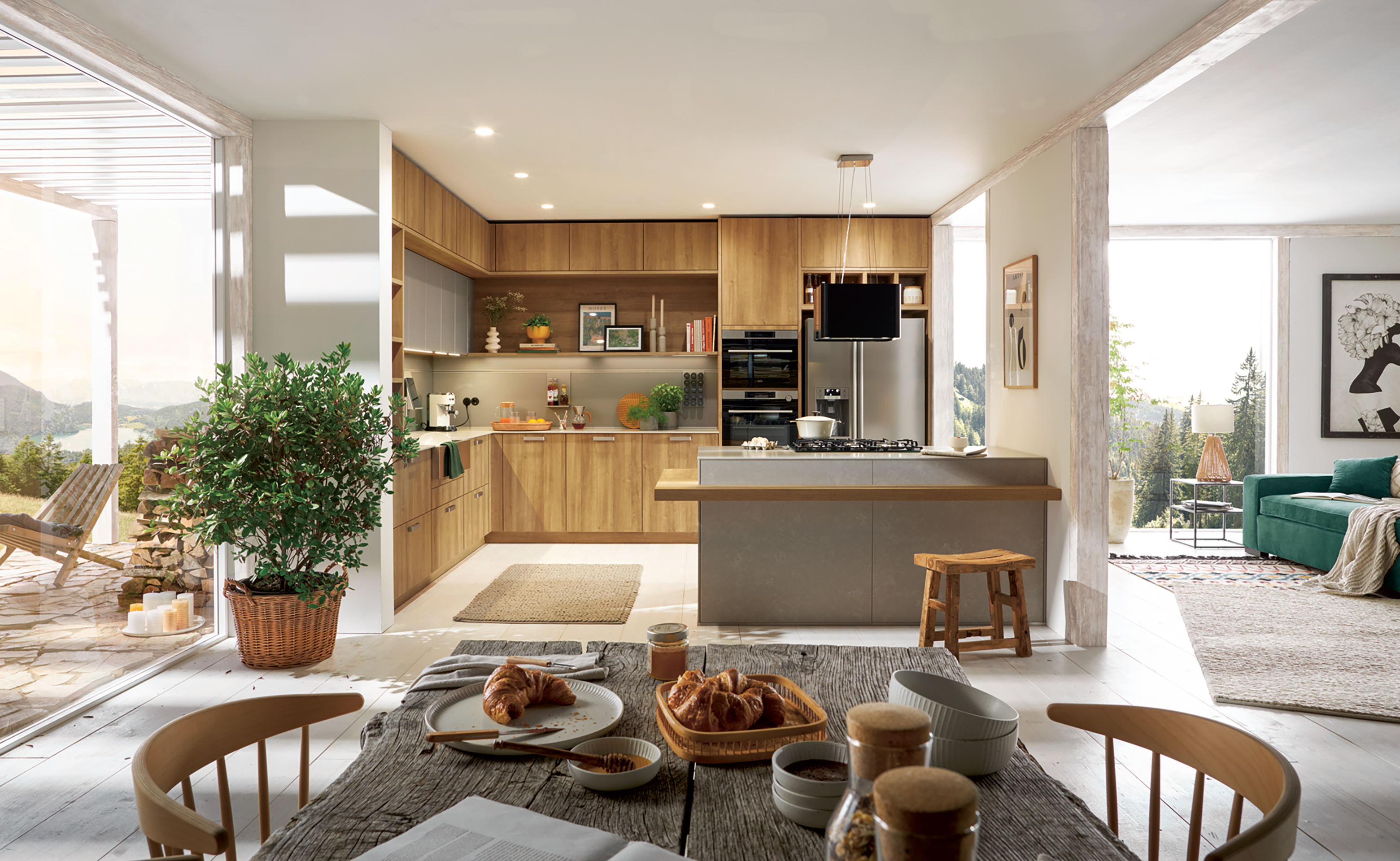 Holzküche mit Griff und grauer griffloser Kücheninsel